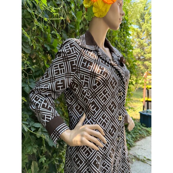 60s 70s Francoise Desarbre Wool Blend Knit Dress Brown Ivory Geometric France - Picture 11 of 16